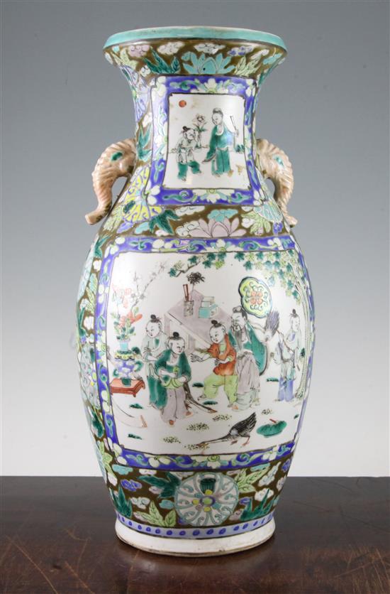 A Chinese famille verte two handled vase, late 19th / early 20th century, 38cm